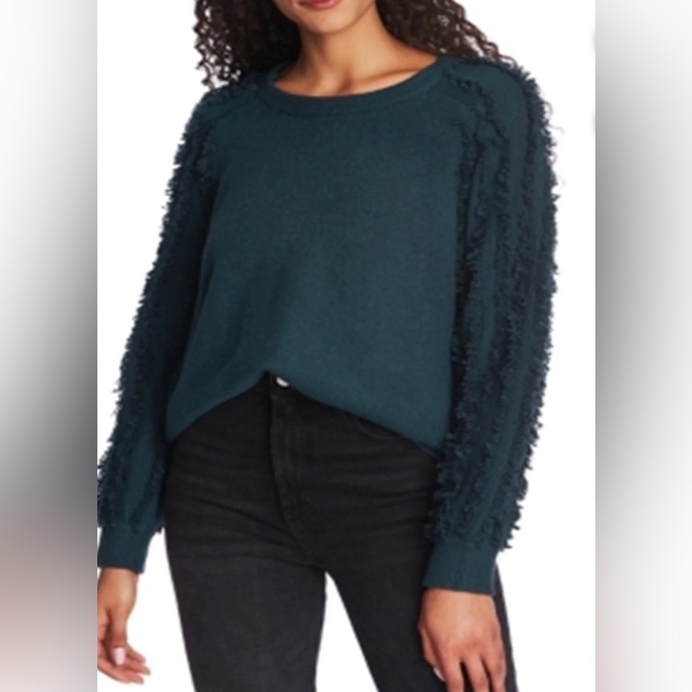 1. State dark green fringe sweater, large